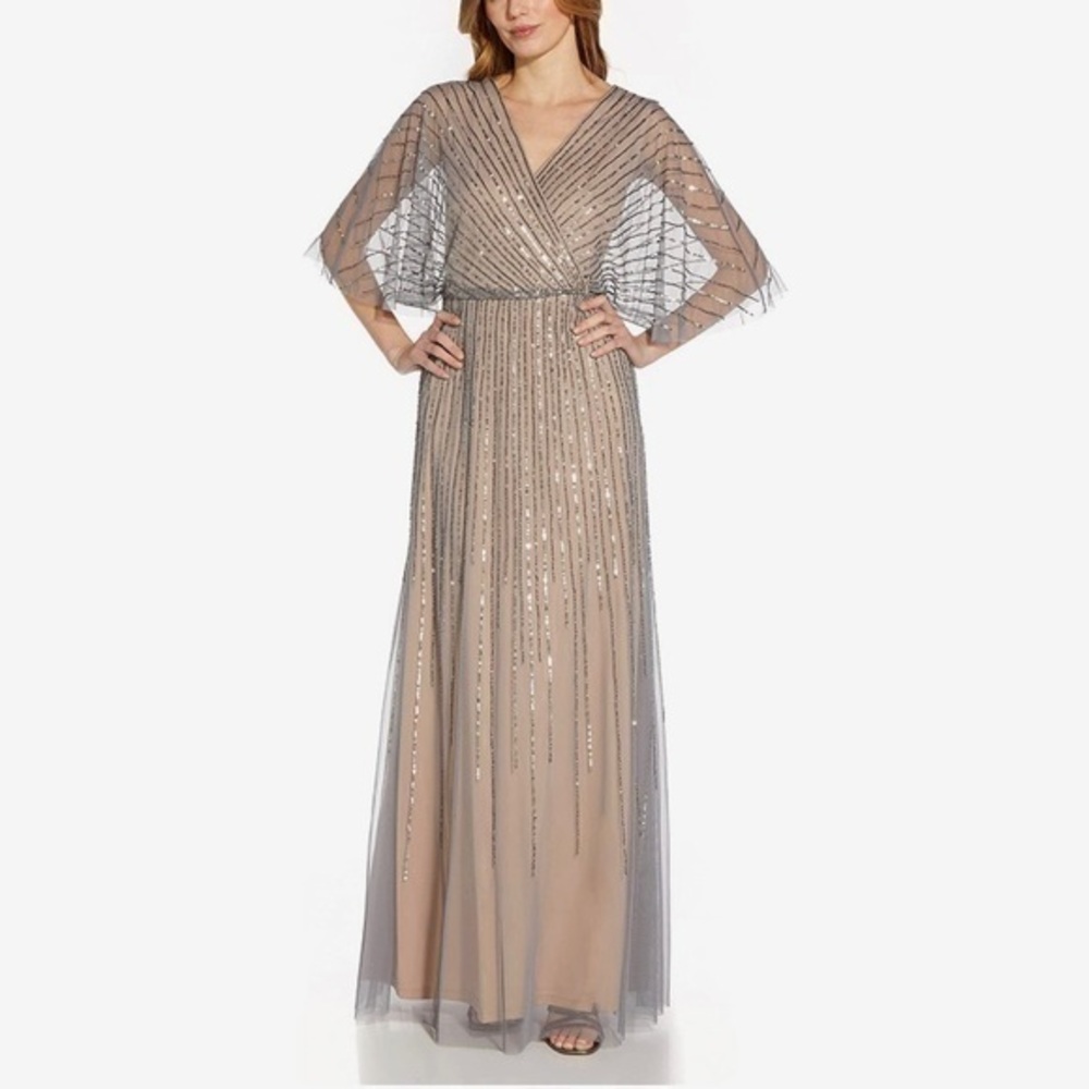 Adrianna Papell Sequin V Neck Flutter Sleeve Gown in Sterling Nude